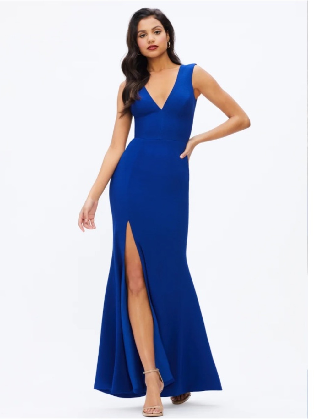 Dress the Population Sandra Blue Plunge Mermaid Trumpet Maxi Gown M